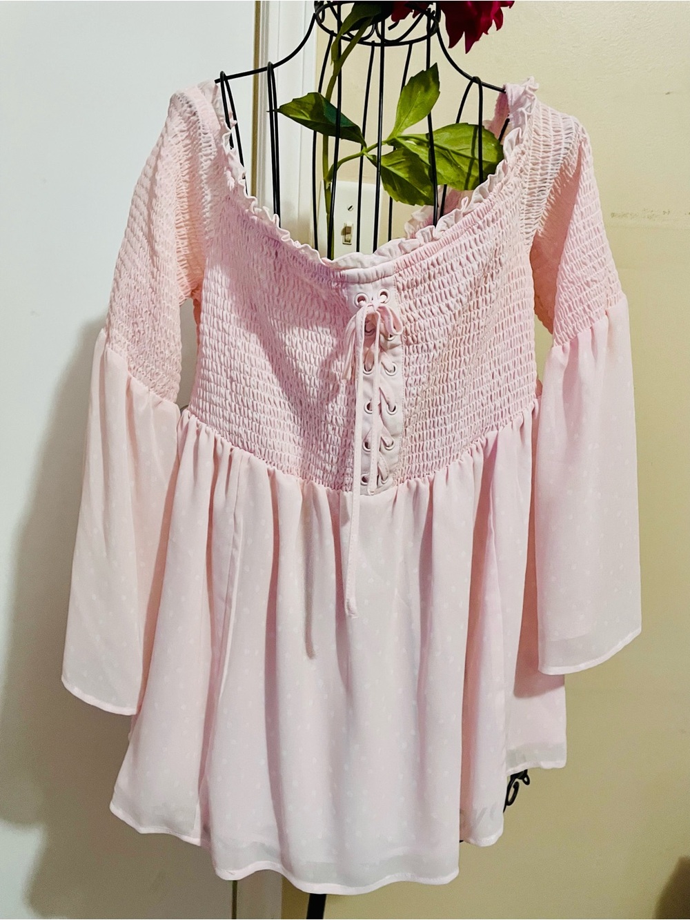 Light Pink Smocked Lace-Up Babydoll Blouse - Picture 2 of 10